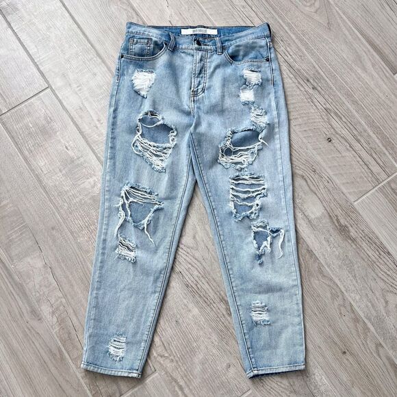 Brandy Melville Destroyed Boyfriend High Rise Jeans 100% Cotton Rigid Denim - Picture 3 of 10